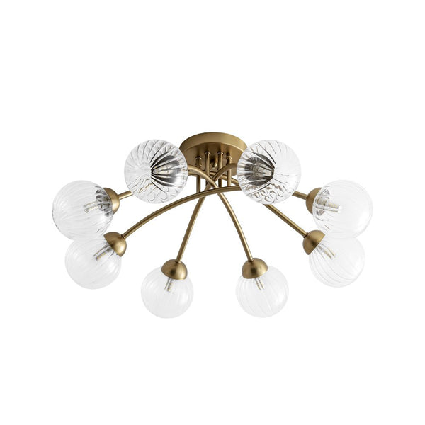 Chandelierias - Mid - century 6 - Light Vertically Ribbed Glass Globe Sputnik Semi - Flush Mount - Chandelier - Brushed Gold -