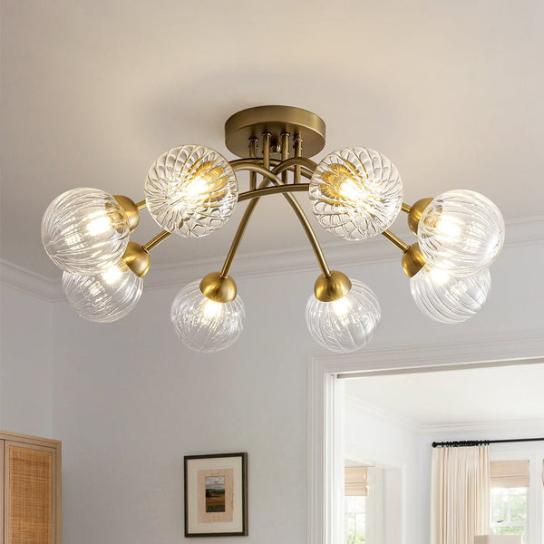 Chandelierias - Mid - century 6 - Light Vertically Ribbed Glass Globe Sputnik Semi - Flush Mount - Chandelier - Brushed Gold -