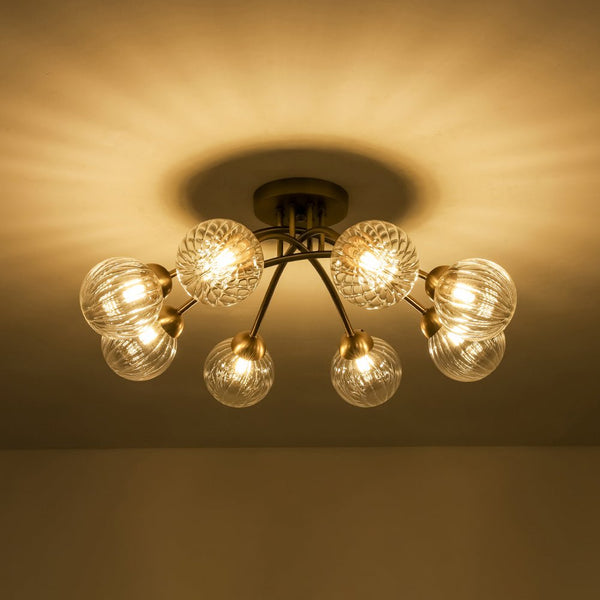 Chandelierias - Mid - century 6 - Light Vertically Ribbed Glass Globe Sputnik Semi - Flush Mount - Chandelier - Brushed Gold -