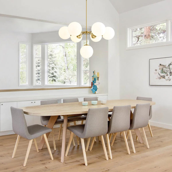 Chandelierias - Mid - century 7 - Light Sputnik Chandelier with Opal Glass Spheres - Chandeliers - Brushed Brass -
