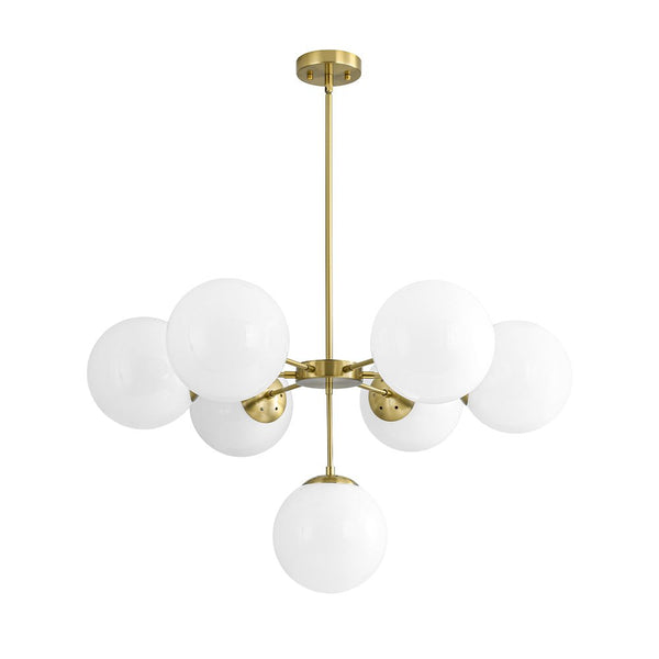 Chandelierias - Mid - century 7 - Light Sputnik Chandelier with Opal Glass Spheres - Chandeliers - Brushed Brass -