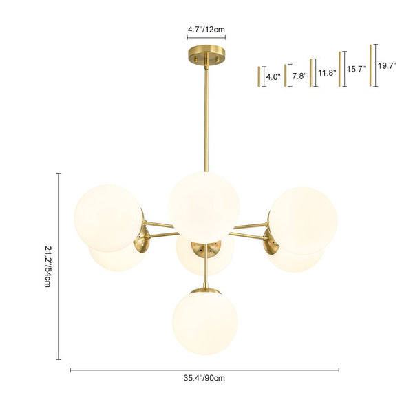 Chandelierias - Mid - century 7 - Light Sputnik Chandelier with Opal Glass Spheres - Chandeliers - Brushed Brass -