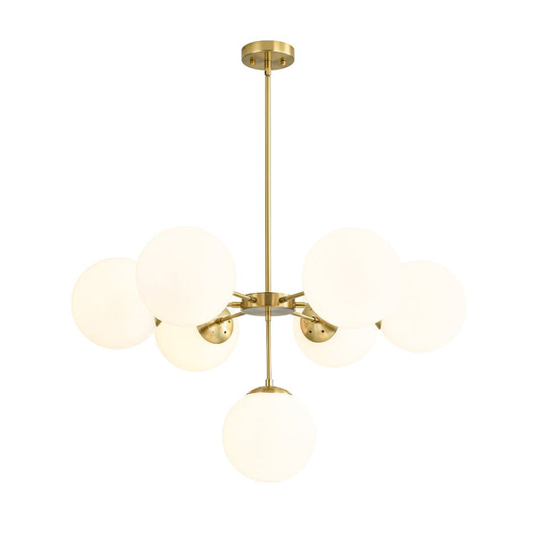 Chandelierias - Mid - century 7 - Light Sputnik Chandelier with Opal Glass Spheres - Chandeliers - Brushed Brass -