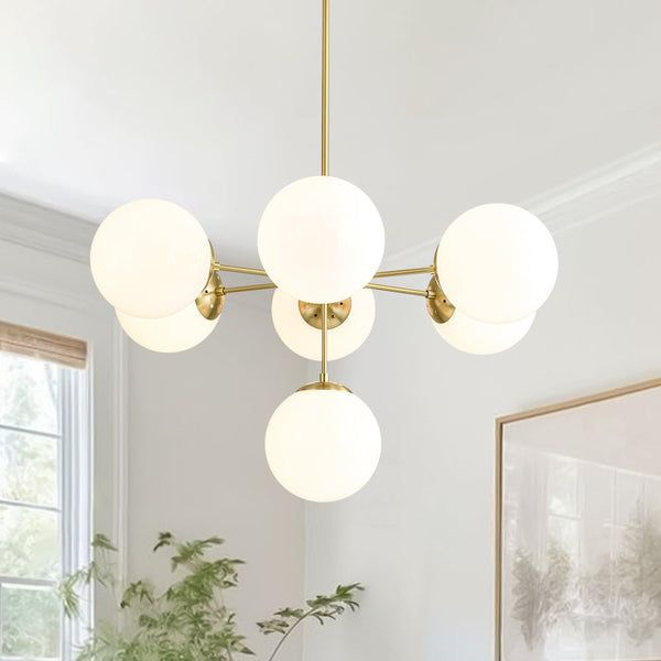 Chandelierias - Mid - century 7 - Light Sputnik Chandelier with Opal Glass Spheres - Chandeliers - Brushed Brass -