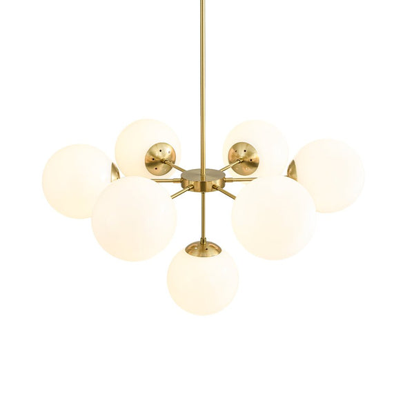 Chandelierias - Mid - century 7 - Light Sputnik Chandelier with Opal Glass Spheres - Chandeliers - Brushed Brass -
