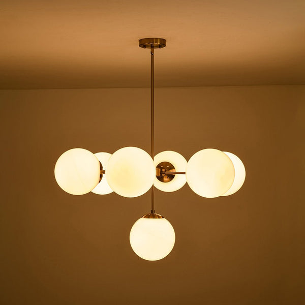 Chandelierias - Mid - century 7 - Light Sputnik Chandelier with Opal Glass Spheres - Chandeliers - Brushed Brass -