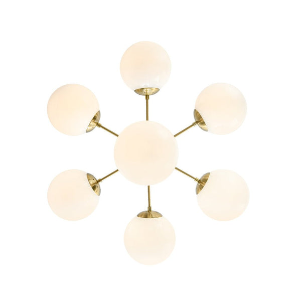 Chandelierias - Mid - century 7 - Light Sputnik Chandelier with Opal Glass Spheres - Chandeliers - Brushed Brass -