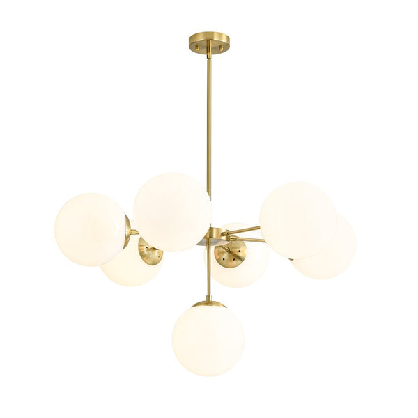 Chandelierias - Mid - century 7 - Light Sputnik Chandelier with Opal Glass Spheres - Chandeliers - Brushed Brass -