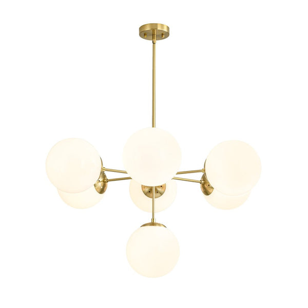 Chandelierias - Mid - century 7 - Light Sputnik Chandelier with Opal Glass Spheres - Chandeliers - Brushed Brass -