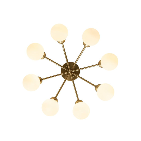 Chandelierias - Mid - century 8 - Light Glass Globe Sputnik Semi - Flush Mount - Chandelier - Brushed Gold - Frosted White