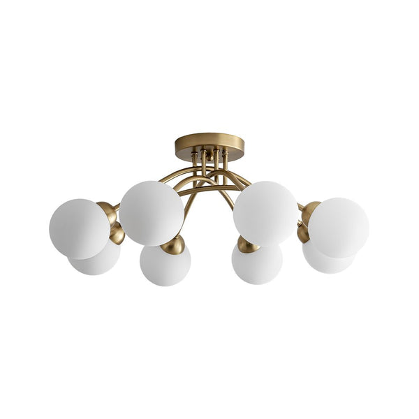 Chandelierias - Mid - century 8 - Light Glass Globe Sputnik Semi - Flush Mount - Chandelier - Brushed Gold - Frosted White