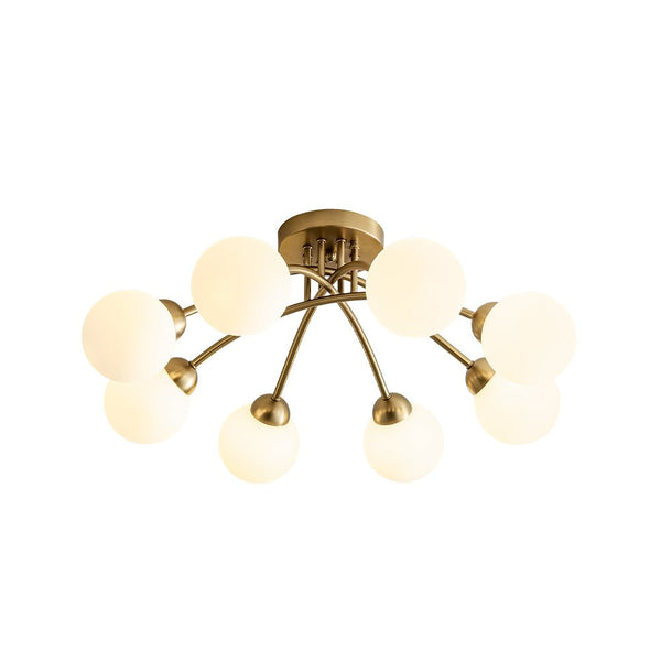 Chandelierias - Mid - century 8 - Light Glass Globe Sputnik Semi - Flush Mount - Chandelier - Brushed Gold - Frosted White
