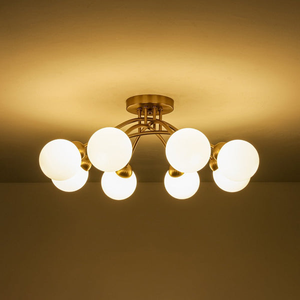 Chandelierias - Mid - century 8 - Light Glass Globe Sputnik Semi - Flush Mount - Chandelier - Brushed Gold - Frosted White
