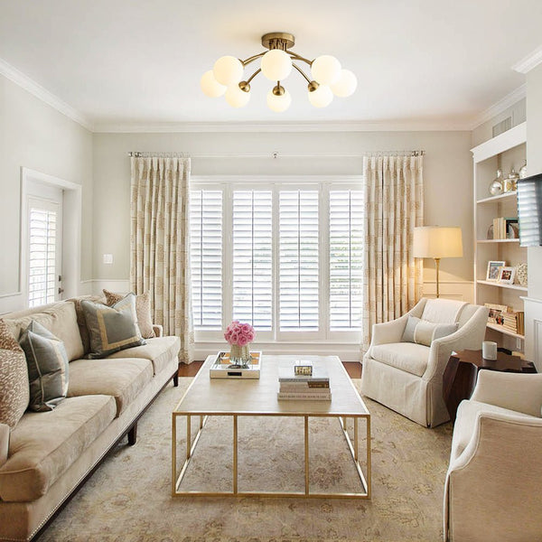 Chandelierias - Mid - century 8 - Light Glass Globe Sputnik Semi - Flush Mount - Chandelier - Brushed Gold - Ribbed Glass