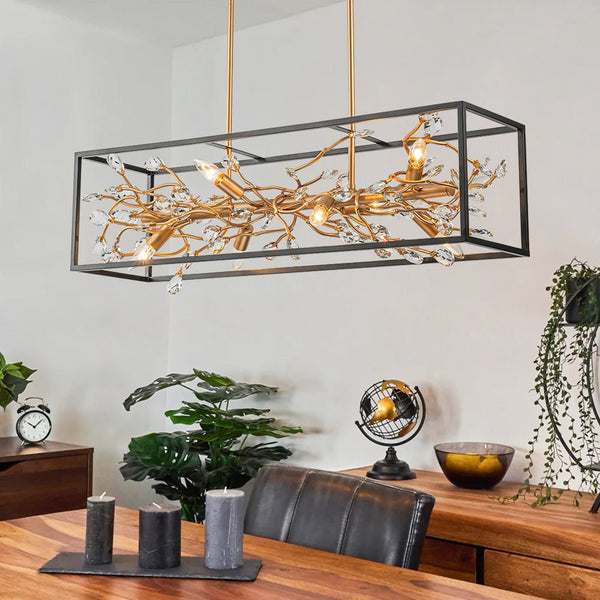 Chandelierias - Mid - century 8 - Light Rectangular Branch Crystal Island Chandelier - Chandelier - Black and Gold -