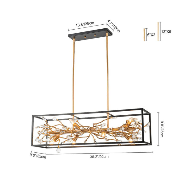 Chandelierias - Mid - century 8 - Light Rectangular Branch Crystal Island Chandelier - Chandelier - Black and Gold -