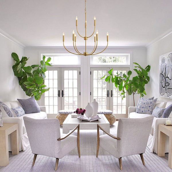 Chandelierias - Mid - century 9 - Light Stamens Metal Candle Style Chandelier - Chandeliers - Brushed Brass -