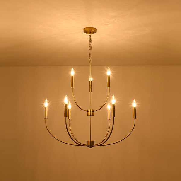 Chandelierias - Mid - century 9 - Light Stamens Metal Candle Style Chandelier - Chandeliers - Brushed Brass -