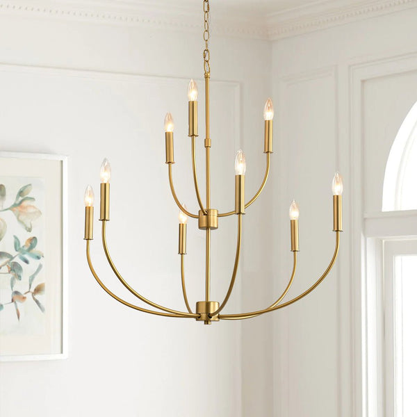 Chandelierias - Mid - century 9 - Light Stamens Metal Candle Style Chandelier - Chandeliers - Brushed Brass -