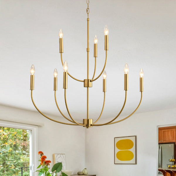 Chandelierias - Mid - century 9 - Light Stamens Metal Candle Style Chandelier - Chandeliers - Brushed Brass -