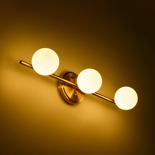 Chandelierias - Mid - century Aged Brass Glass Globe Linear Vanity Light - Wall Light - 3 Bulbs -