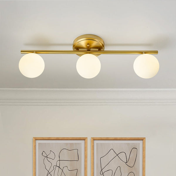 Chandelierias - Mid - century Aged Brass Glass Globe Linear Vanity Light - Wall Light - 3 Bulbs -