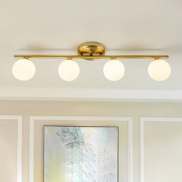 Chandelierias - Mid - century Aged Brass Glass Globe Linear Vanity Light - Wall Light - 4 Bulbs -