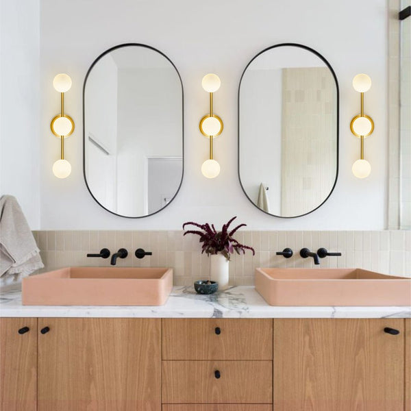 Chandelierias - Mid - century Aged Brass Glass Globe Linear Vanity Light - Wall Light - 4 Bulbs -