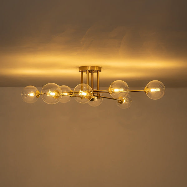 Chandelierias-Mid Century Brass 8-Light Clear Glass Sputnik Linear Semi-flush Mount-Semi Flush-Brass-