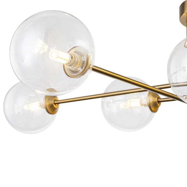 Chandelierias-Mid Century Brass 8-Light Clear Glass Sputnik Linear Semi-flush Mount-Semi Flush-Brass-