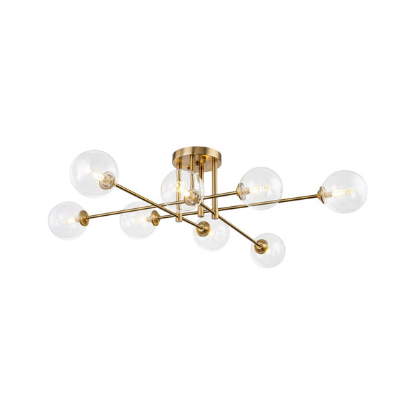 Chandelierias-Mid Century Brass 8-Light Clear Glass Sputnik Linear Semi-flush Mount-Semi Flush-Brass-