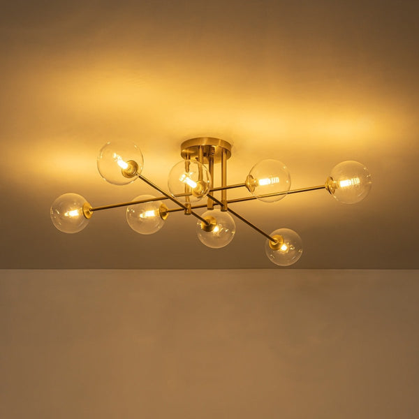 Chandelierias-Mid Century Brass 8-Light Clear Glass Sputnik Linear Semi-flush Mount-Semi Flush-Brass-