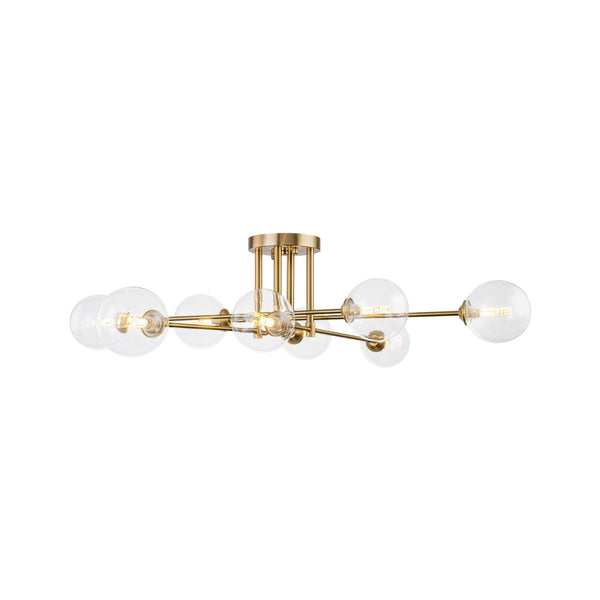 Chandelierias-Mid Century Brass 8-Light Clear Glass Sputnik Linear Semi-flush Mount-Semi Flush-Brass-