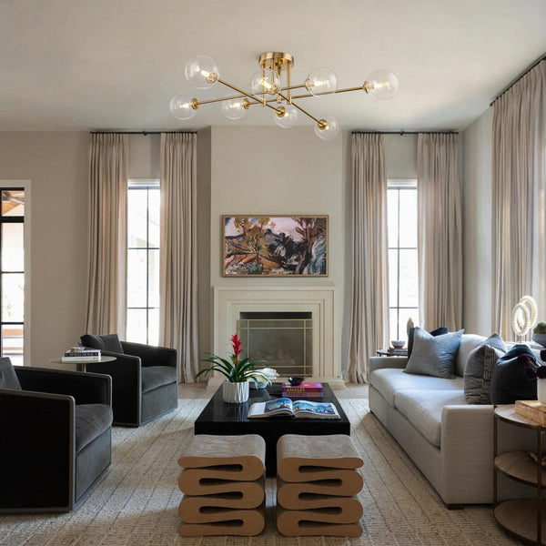 Chandelierias-Mid Century Brass 8-Light Clear Glass Sputnik Linear Semi-flush Mount-Semi Flush-Brass-