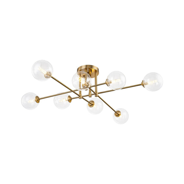 Chandelierias-Mid Century Brass 8-Light Clear Glass Sputnik Linear Semi-flush Mount-Semi Flush-Brass-