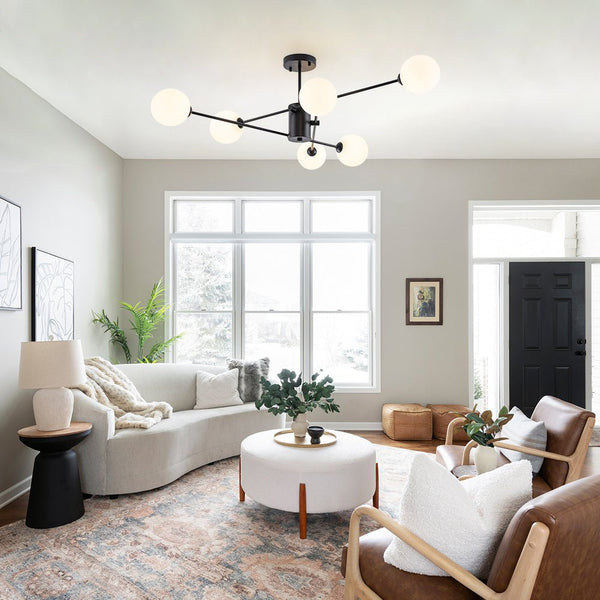 Chandelierias - Mid - century Modern 6 - Light Sputnik Frosted Glass Semi - flush Mount - Semi Flush - 6 Bulbs - Brass