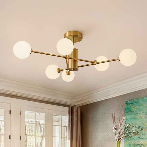 Chandelierias - Mid - century Modern 6 - Light Sputnik Frosted Glass Semi - flush Mount - Semi Flush - 6 Bulbs - Brass