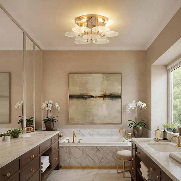 Chandelierias - Mid - Century Modern 6 - Light Transparent Rain Texture Glass Disc Flush Mount - Semi Flush - Brass -