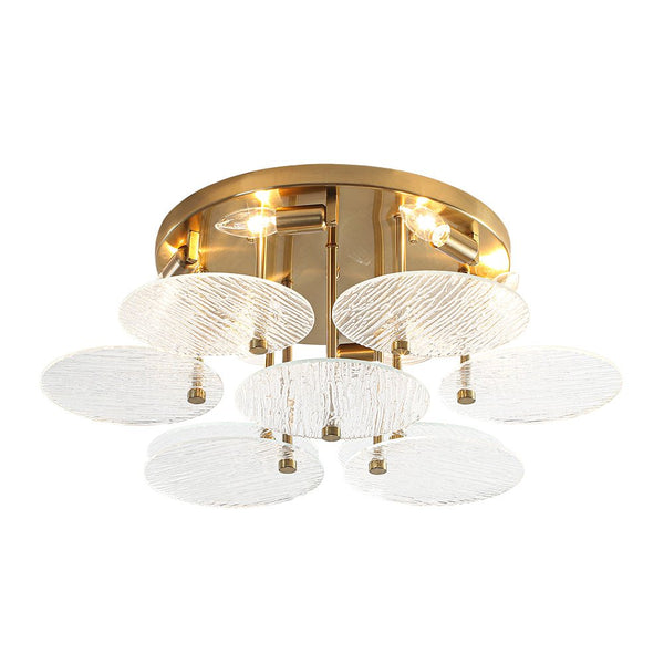 Chandelierias - Mid - Century Modern 6 - Light Transparent Rain Texture Glass Disc Flush Mount - Semi Flush - Brass -