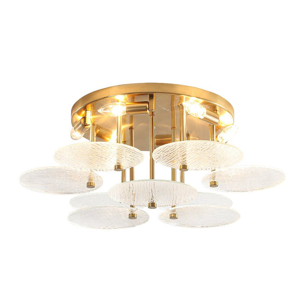 Chandelierias - Mid - Century Modern 6 - Light Transparent Rain Texture Glass Disc Flush Mount - Semi Flush - Brass -