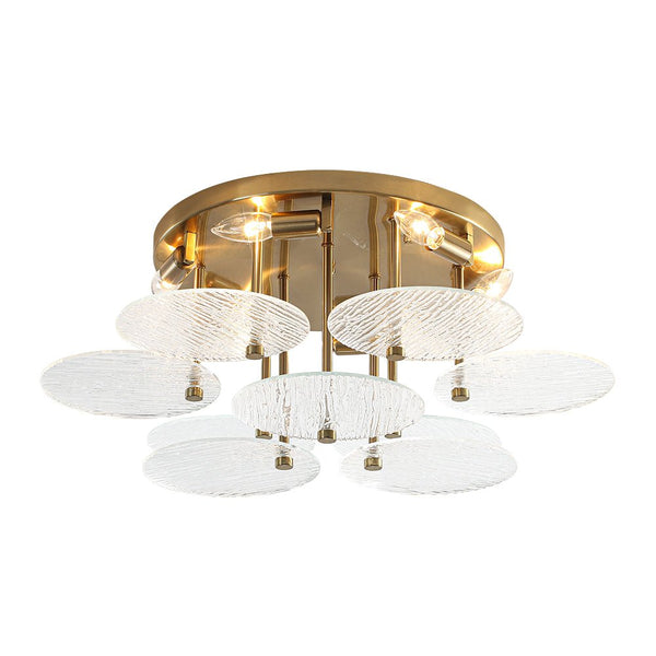 Chandelierias - Mid - Century Modern 6 - Light Transparent Rain Texture Glass Disc Flush Mount - Semi Flush - Brass -