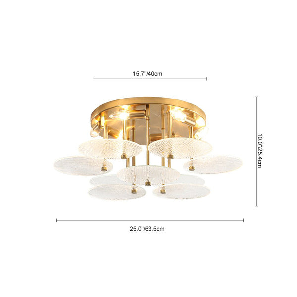 Chandelierias - Mid - Century Modern 6 - Light Transparent Rain Texture Glass Disc Flush Mount - Semi Flush - Brass -