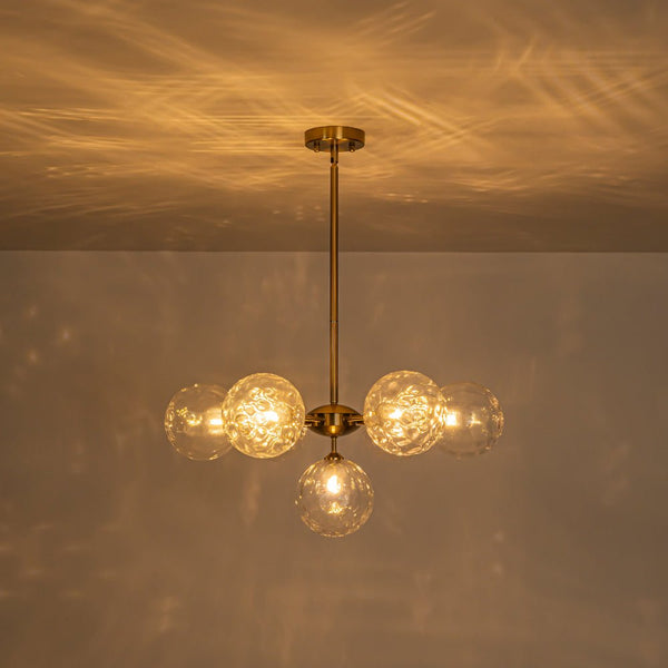 Chandelierias - Mid - Century Modern 7 - Light Clear Hammered Glass Chandelier - Chandeliers - Brass -
