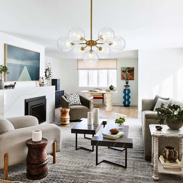 Chandelierias - Mid - Century Modern 7 - Light Clear Hammered Glass Chandelier - Chandeliers - Brass -