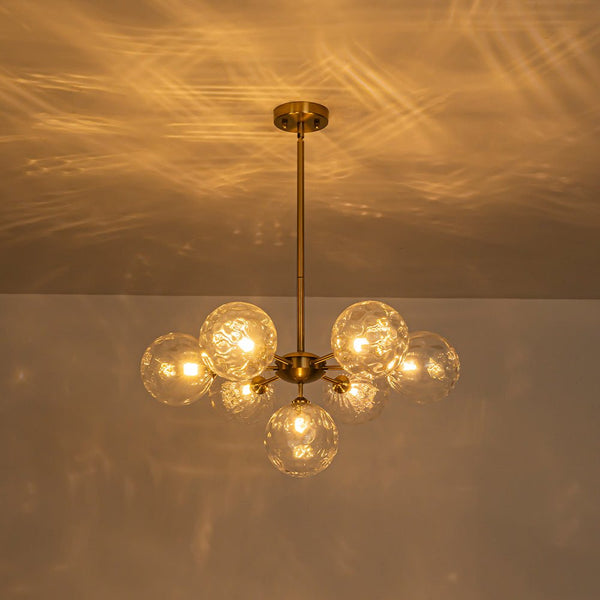 Chandelierias - Mid - Century Modern 7 - Light Clear Hammered Glass Chandelier - Chandeliers - Brass -