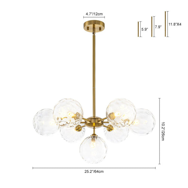 Chandelierias - Mid - Century Modern 7 - Light Clear Hammered Glass Chandelier - Chandeliers - Brass -