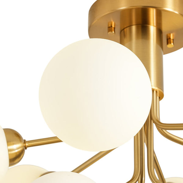 Chandelierias - Mid - century Modern 9 - Light Frosted Glass Sputnik Semi - Flush Mount - Semi Flush - Brass -