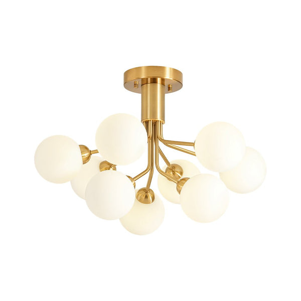 Chandelierias - Mid - century Modern 9 - Light Frosted Glass Sputnik Semi - Flush Mount - Semi Flush - Brass -
