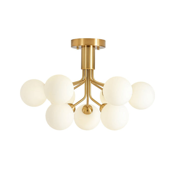 Chandelierias - Mid - century Modern 9 - Light Frosted Glass Sputnik Semi - Flush Mount - Semi Flush - Brass -