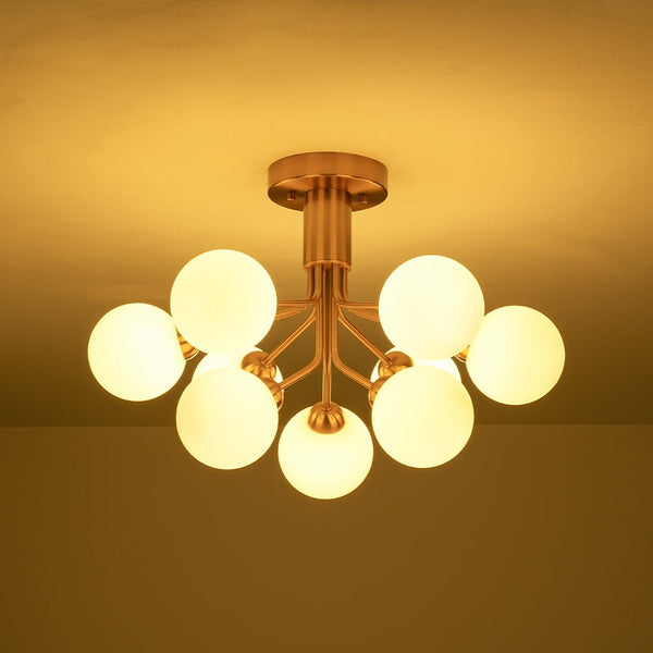 Chandelierias - Mid - century Modern 9 - Light Frosted Glass Sputnik Semi - Flush Mount - Semi Flush - Brass -